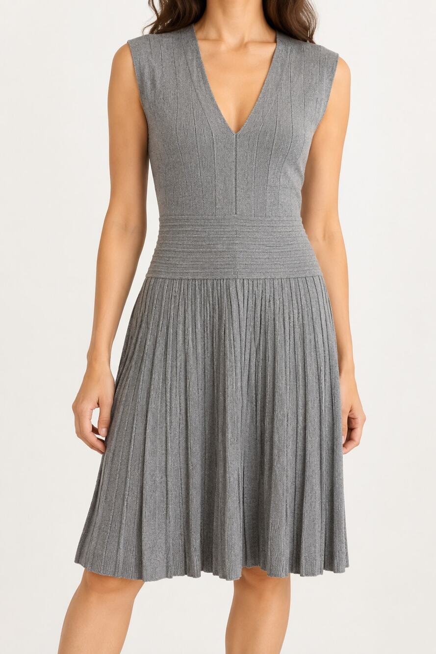 MAX STUDIO Gray Pleated Knit Sweater Dress V Neck Preppy Minimalist Academia M